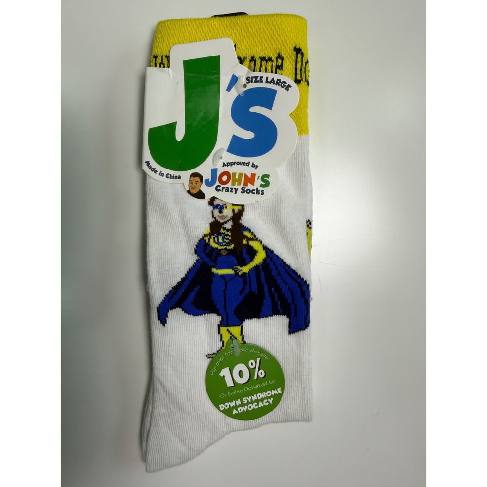 John's Crazy Socks Down Syndrome Super Hero Crew Socks White Yellow Size Large
